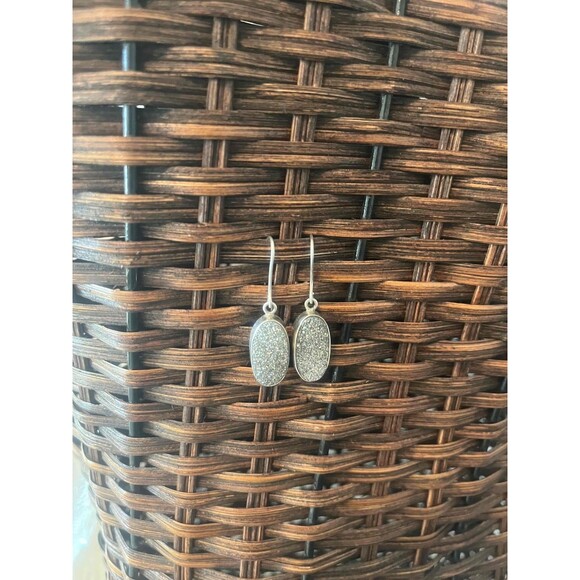 925 Silver pyrite Druzy Oval Glittery Hook Back Drop Earrings western feminine - Picture 3 of 5